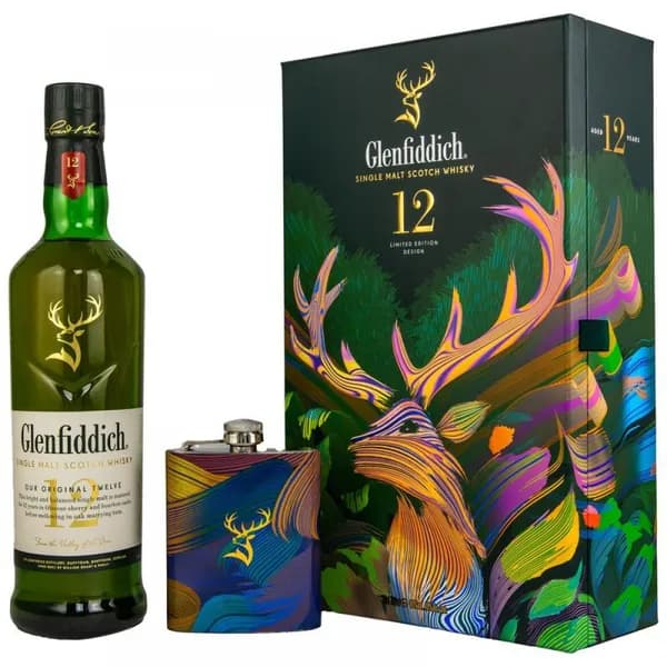 Glenfiddich 12 Year Old Single Malt Scotch Whisky Limited Edition Design with Hip Flask