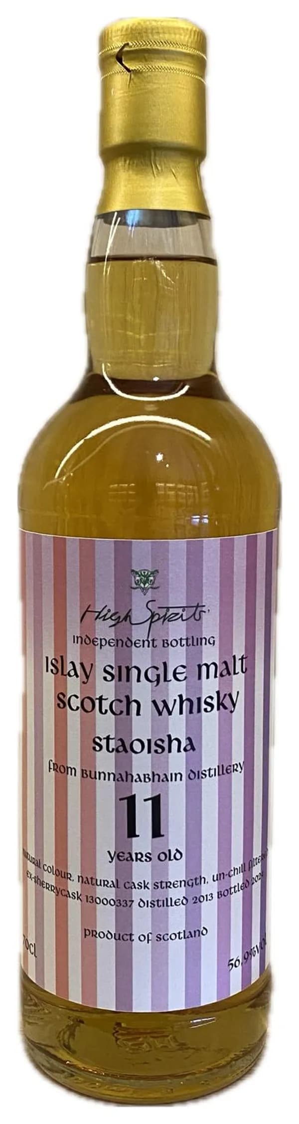 High Spirits Staoisha 11 Years Old Islay Single Malt Scotch Whisky (Distilled 2013)