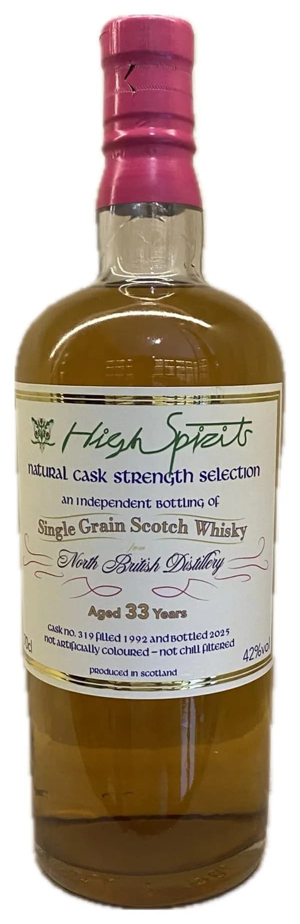 High Spirits Natural Cask Strength Selection Single Grain Scotch Whisky from North British Distillery Aged 33 Years