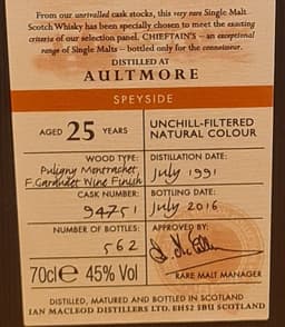 Aultmore 25 year old, Chieftains Single Cask 1991  thumbnail 3