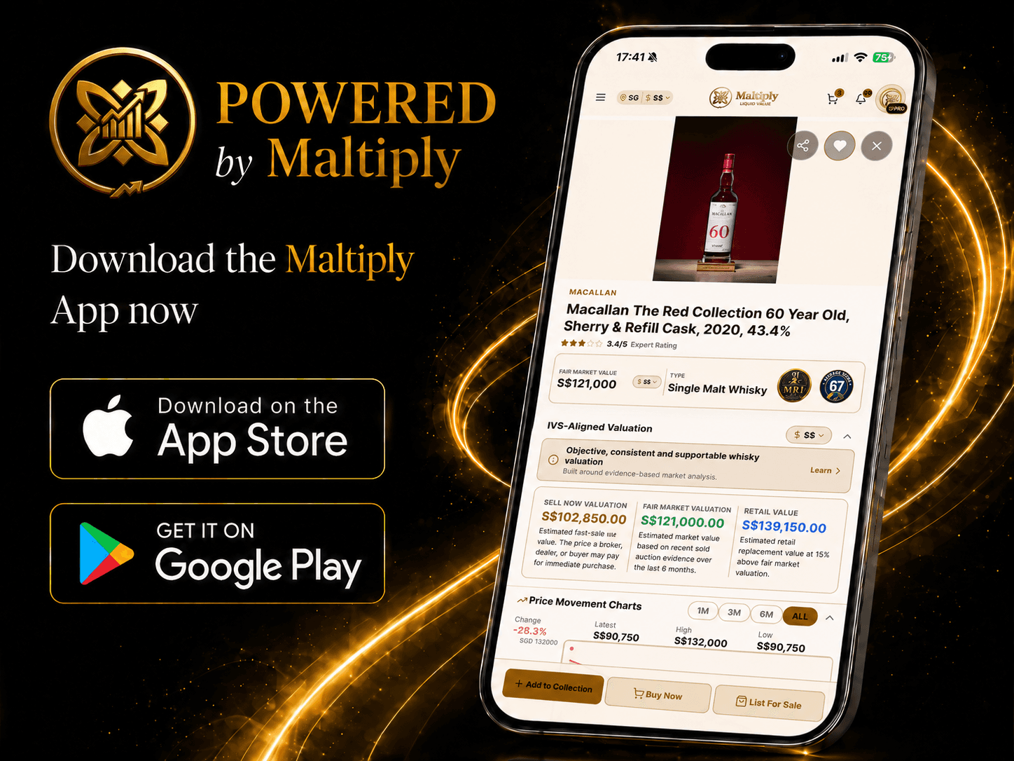 Maltiply app showing a whisky bottle’s market valuation